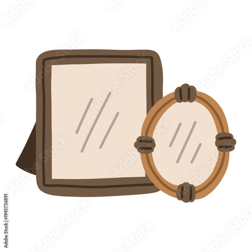 Simple Wooden Picture Frames Illustration Set with Square and Oval Frames