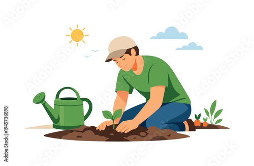 A homeowner beginning a small backyard vegetable garden as part of a sustainable and healthy lifestyle, representing home gardening and environmentally conscious living, visual metaphor of a
