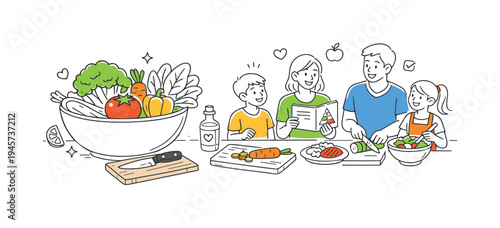 Family happily preparing a healthy meal together in the kitchen. A diverse family is engaged in cooking, chopping vegetables, and making a salad, promoting healthy eating and