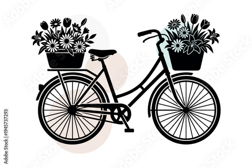 Vector of city cruiser bicycle featuring sleek black flower pots with blooming lilies and tulips. Modern elegant floral transport vector illustration design.