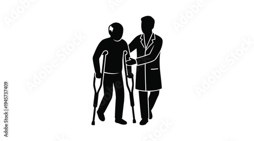 Healthcare provider helping an individual navigate with crutches, representing medical support and patient recovery