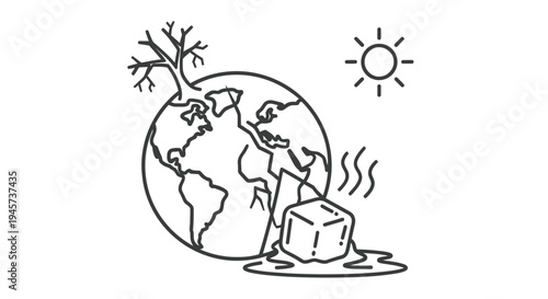 Illustration depicting global warming a melting ice cube and a sun over earth