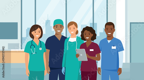 Diverse and smiling medical team collaborating in a modern hospital setting, embracing technology and teamwork