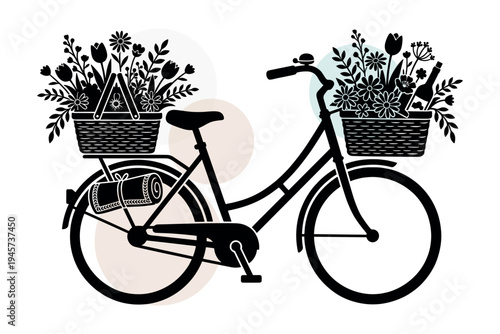 Vector of vintage bicycle with picnic baskets, summer flowers, wine bottle and rolled blanket for outdoor leisure. Romantic park trip graphics vector illustration design.