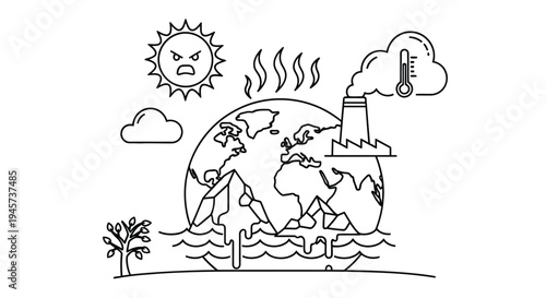 Illustration depicting global warming effects rising temperatures pollution and environmental damage