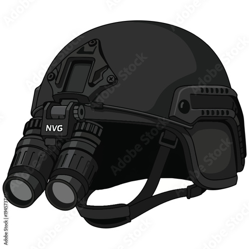 Black Tactical Helmet with Night Vision Goggles Vector Illustration