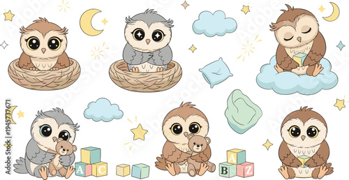 Cute Baby Owl Nursery Clipart Set with Sleeping Owls, Nest, Moon, Clouds, Pillows, Teddy Bears and Alphabet Blocks for Kids Room Designs