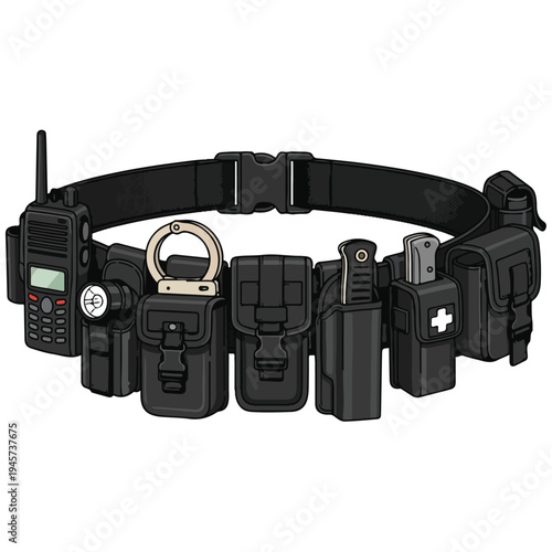 Black Tactical Police Duty Belt Vector Illustration