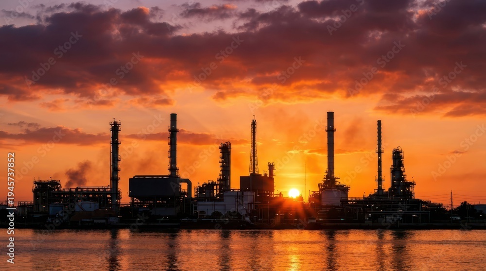 Fototapeta premium Industrial Skyline with Sunset Reflected in Calm Water Surface