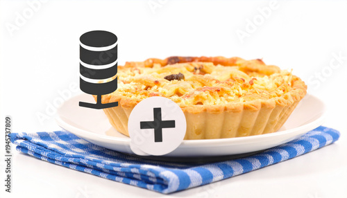 Database symbol and plus overlaid on a savory tart on checkered cloth