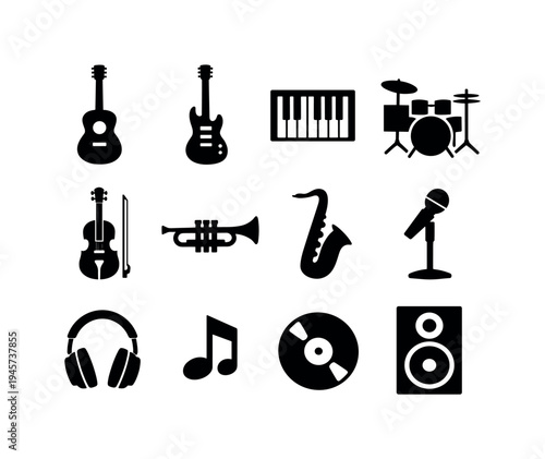 Music instruments collection: acoustic guitar, electric guitar, piano keyboard, drum set, violin, trumpet, saxophone, microphone on stand, headphones, music note symbol, vinyl record, audio