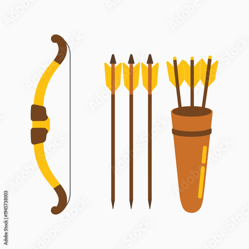 Yellow bow and brown arrows in quiver on white background archery vector illustration isolated on white background