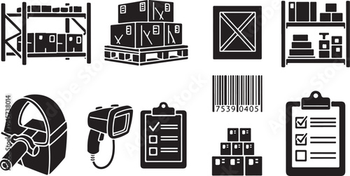 Warehouse and inventory management icons in black and white