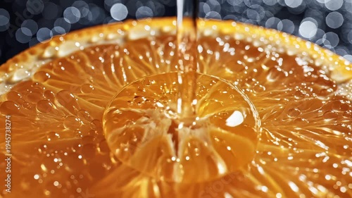 Close up of orange slice with dripping liquid fresh fruit and refreshment concept