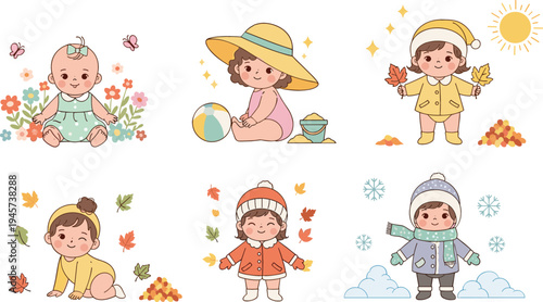 Cute Baby Seasonal Activities Clipart Set with Spring Flowers, Summer Beach, Autumn Leaves and Winter Snow Characters for Nursery and Kids Designs