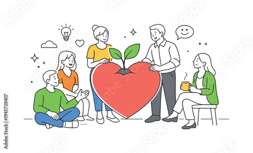 A team of coworkers supporting healthy workplace culture and employee wellbeing during a calm office break, gathered around a large heart combined with a small plant that symbolizes care