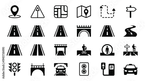 A collection of road navigation and transportation silhouette icons.