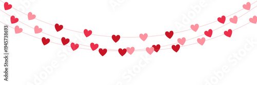 Paper pink heart string. Love background. Valentine day garland. Wedding banner. Happy Holiday decoration. Birthday party bg. Hanging confetti. 8 March card. Vector illustration