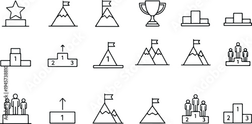 Achievement award and podium icon vector set with trophy, ranking podium, mountain goal symbols isolated on light background for success and competition design