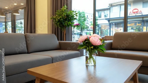 Arrangement of flowers on table in living room. Large windows show buildings and street outside in daytime