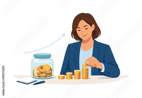 Woman stacking coins next to a jar, symbolizing financial growth and savings. A woman in a suit carefully places a coin onto a growing stack, with a jar full of money and an upward