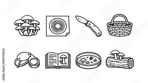 Mushroom foraging and study icons including basket, knife, book, and petri dish. A collection of simple black and white line art icons depicting various aspects of mushroom