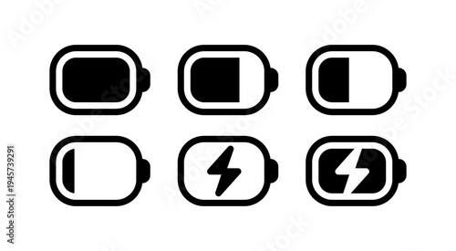 Battery icons set. High quality black style vector icons. Baterry charge indicator. Round batery level, energy, full. Power low up status batteries logo.