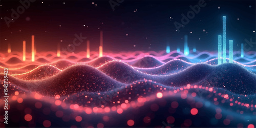 An abstract glowing nebula background features a bright digital explosion of colorful light and energy amidst a dark night sky filled with stars and a distant red planet