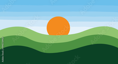 Sun Setting Over Green Hills Landscape.