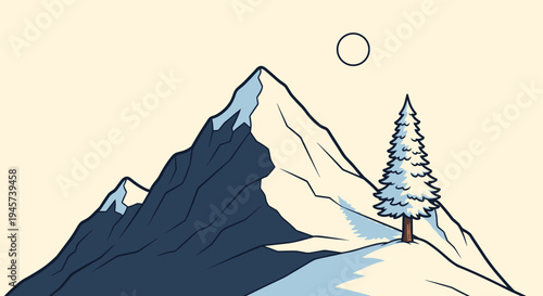 Snowy Mountain Landscape with Tree.