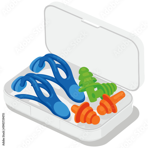 Flat Design Reusable Earplugs and Nose Clip Set Vector Illustration