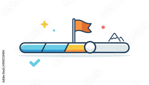 Progress bar with flag and mountains symbolizing achievement and goals. A stylized progress bar with a flag at the peak and mountains in the distance, representing reaching