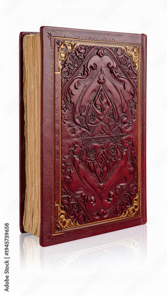 Fototapeta premium Antique Embossed Red Leather Bound Book with Gold Gilded Edges Detailed Cover