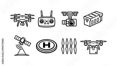 Drone technology: quadcopter drone, drone remote controller, aerial camera gimbal, drone battery pack, GPS satellite signal, drone landing pad, drone propeller set, drone with delivery box