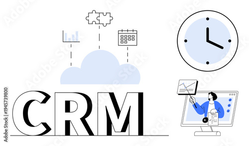 CRM concept. CRM illustrated with cloud integration, task planning, and time management. CRM supports data centralization, customer service, and business productivity. Ideal for tech, business tools