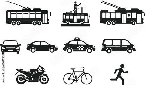 Transportation icons set with trolleybus, taxi, car, van, motorcycle, bicycle and pedestrian symbols, urban mobility vector illustration isolated on white background