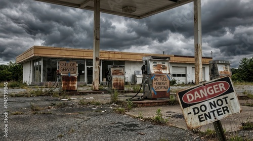 Abandoned Gas Station with Old Pumps and Stormy Sky Background