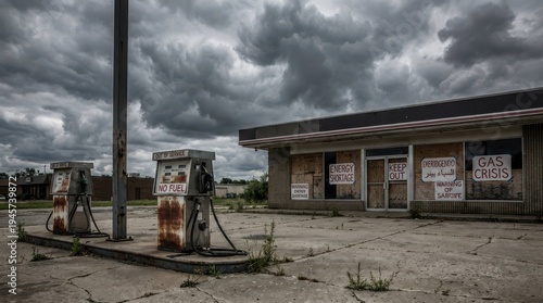 Abandoned Gas Station with Warning Signs and Overcast Skies