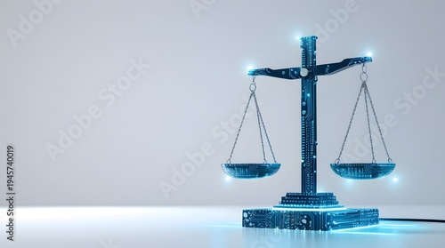 Digital Scales of Justice with Neon Blue Technology Elements