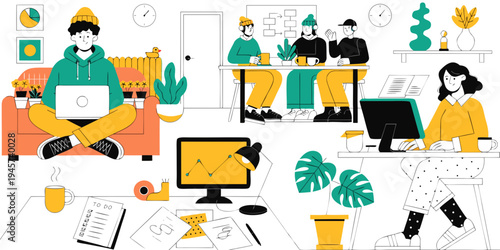 Working at home, coworking space, concept illustration. Young people, man and woman freelancers working on laptops and computers at home. People at home in quarantine. Vector flat style illustration .