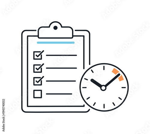 Checklist with clock icon symbolizing time management and task completion. A clipboard with a checklist and a clock indicating the importance of timely task execution and project