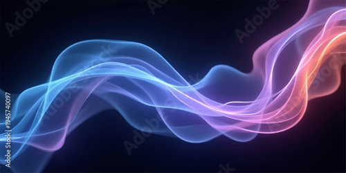 Smooth abstract blue and purple smoke waves flow in a swirling motion against a black backdrop, creating a fractal design with a curved light pattern and an elegant energy shape