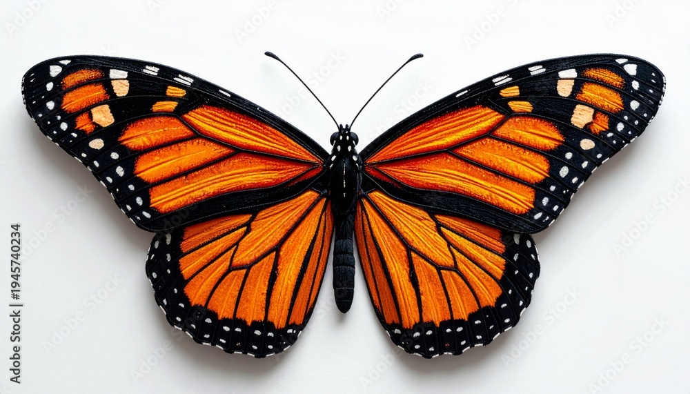 Obraz premium Monarch Butterfly with Vivid Orange Wings and Black Patterns on White Background