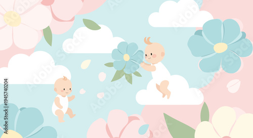 Cute Baby and Flowers Illustration: Pastel Sky Background