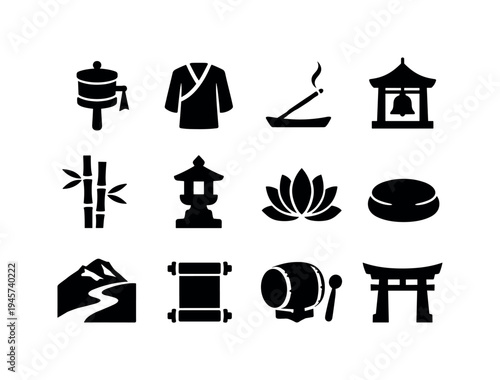 Collection of Japanese and Buddhist cultural icons in silhouette. A set of black silhouette icons representing elements of Japanese and Buddhist culture, including a prayer wheel