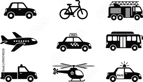 Transportation vehicle silhouette icons set with car, bicycle, airplane, taxi, bus, helicopter, fire truck and police car, urban transport vector collection