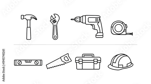 Set of construction and repair tools icons in a clean outline style. Collection of essential tools for building, renovation, and DIY projects, presented as simple line art icons