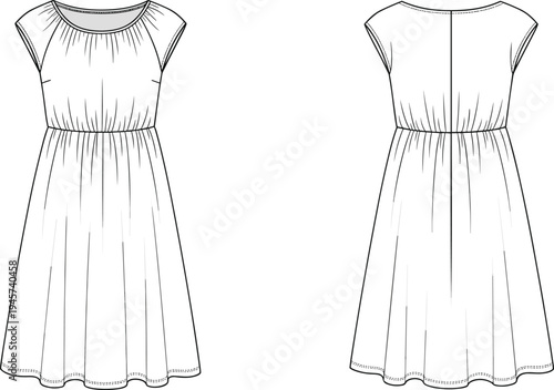 Dress technical drawing with cap sleeves and gathered bodice, round neckline, fitted waist, A-line skirt, fashion flat sketch front and back view