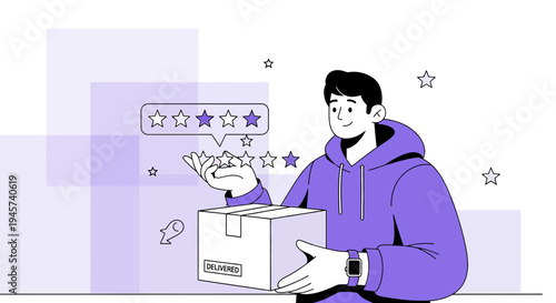 Customer Satisfaction: Man Holding Delivery Box with Star Rating