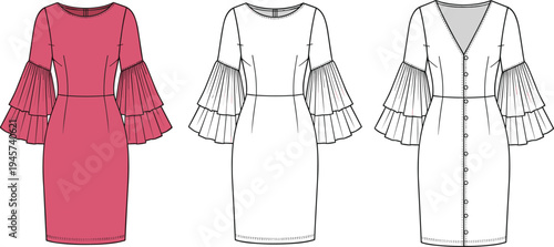 Dress technical drawing with tiered bell sleeves, fashion flat sketch set featuring colored version, round neckline, and v-neck button front variations.